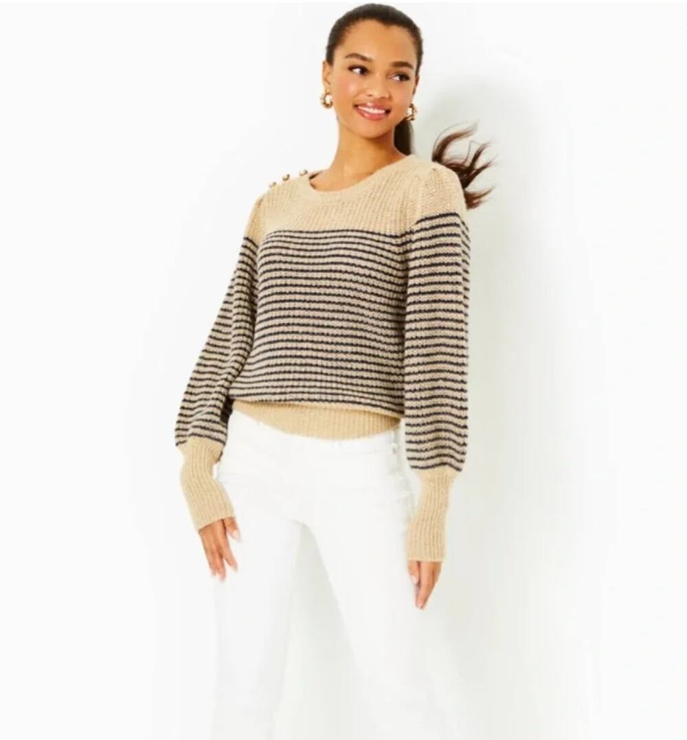 Lilly Pulitzer Finney Sweater XS Sand Bar Metallic Stripe Button Shoulder Preppy
